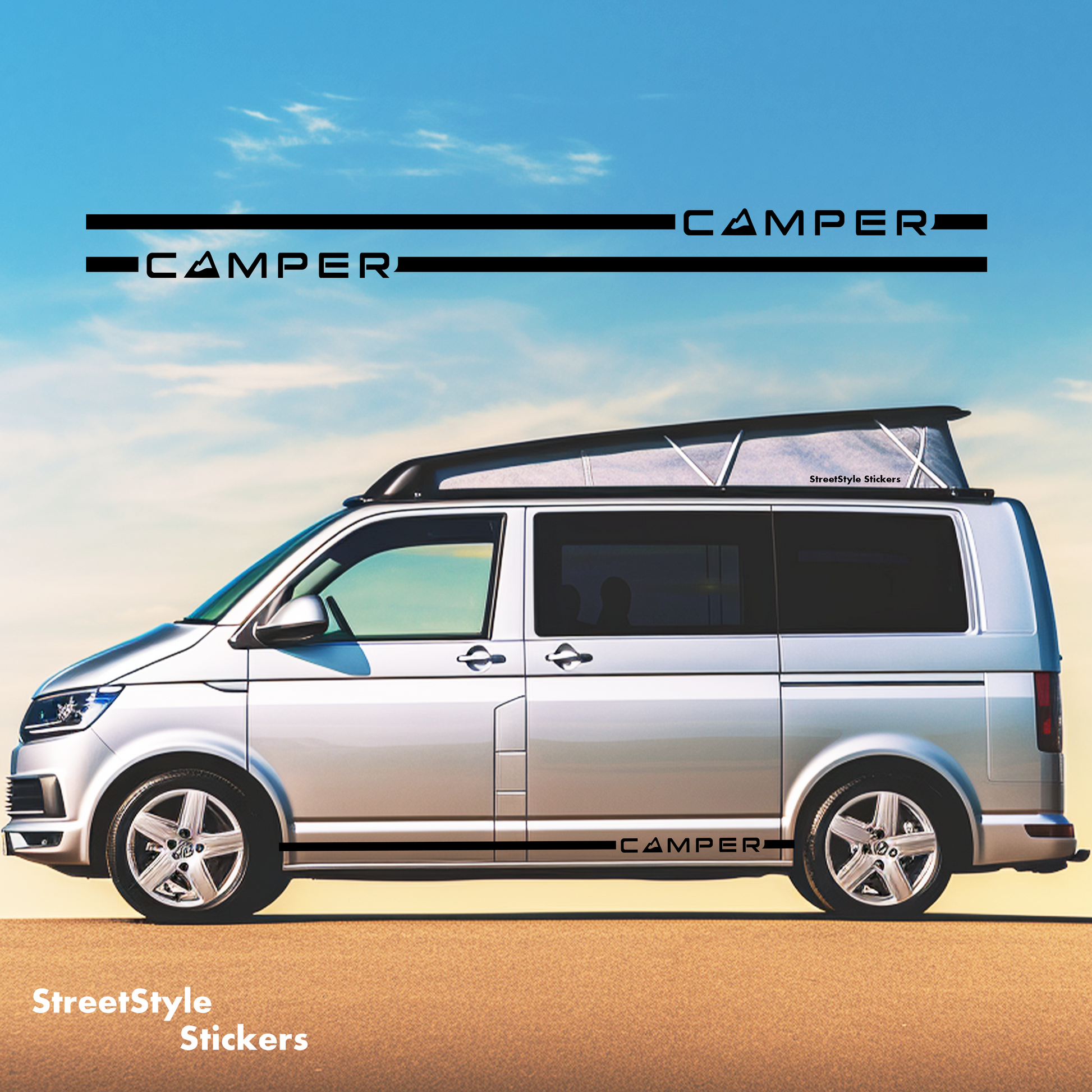 Campervan Mountain Text VW T5 T6 T4 Camper Van Side Stripes Sticker Decal