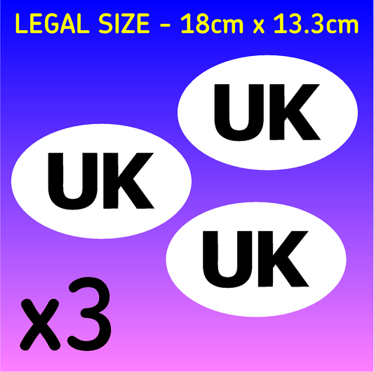 Three oval stickers with 'UK' text on a 'LEGAL SIZE - 18cm x 13.3cm'.