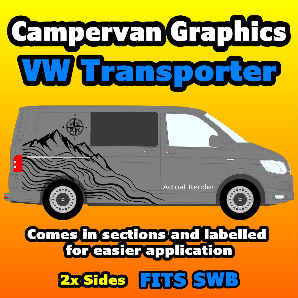 Promotional graphic for a VW Transporter campervan graphics decal set, showing a side view of a gray van with black mountain and wavy line graphics on a yellow-to-orange gradient background with text overlays.
