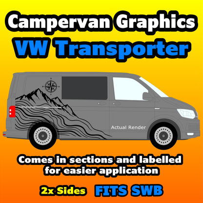 Promotional graphic for a VW Transporter campervan graphics decal set, showing a side view of a gray van with black mountain and wavy line graphics on a yellow-to-orange gradient background with text overlays.