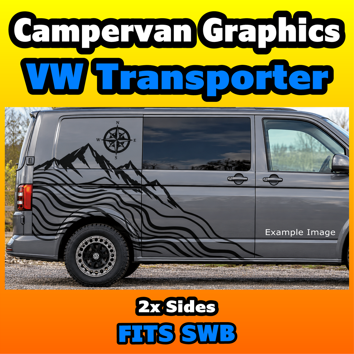 A gray VW Transporter camper van shown from the side with black mountain and wave graphics applied across the doors and windows. Large text at the top reads 'Campervan Graphics VW Transporter,' and text at the bottom says '2x Sides FITS SWB.