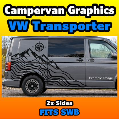 A gray VW Transporter camper van shown from the side with black mountain and wave graphics applied across the doors and windows. Large text at the top reads 'Campervan Graphics VW Transporter,' and text at the bottom says '2x Sides FITS SWB.