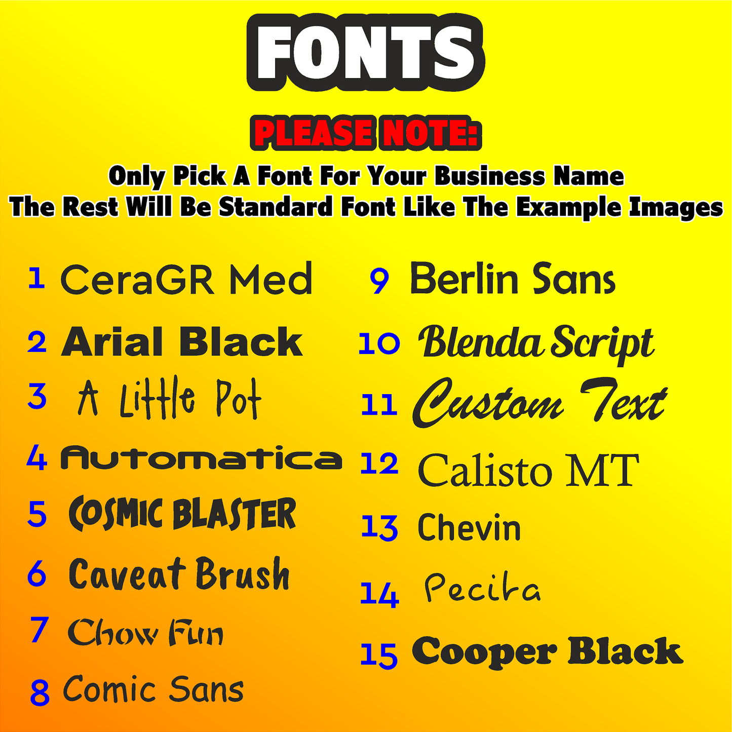 List of font styles on a yellow background with text instructions.