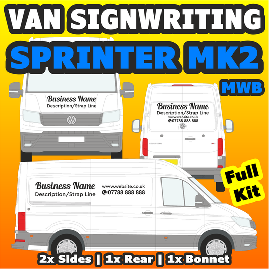 Promotional graphic for van signwriting services on a Sprinter MK2 MWB model with text and van illustrations.