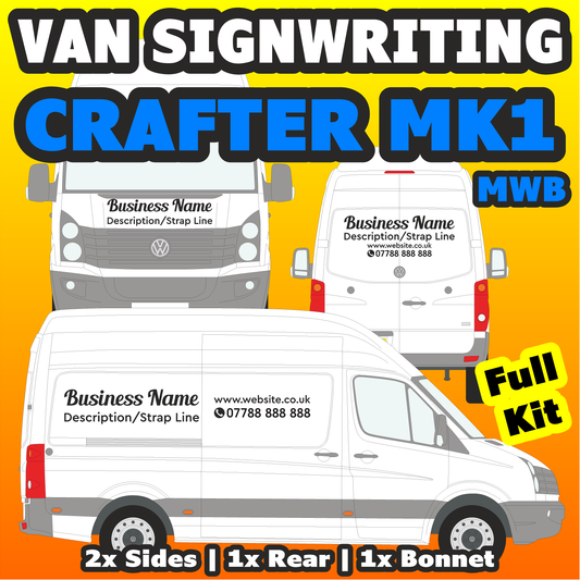 Promotional graphic for van signwriting services with three van illustrations and text detailing the services offered of a vw crafter