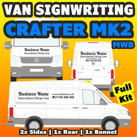 Promotional graphic for van signwriting services with a white van and text on an orange background for vw crafter