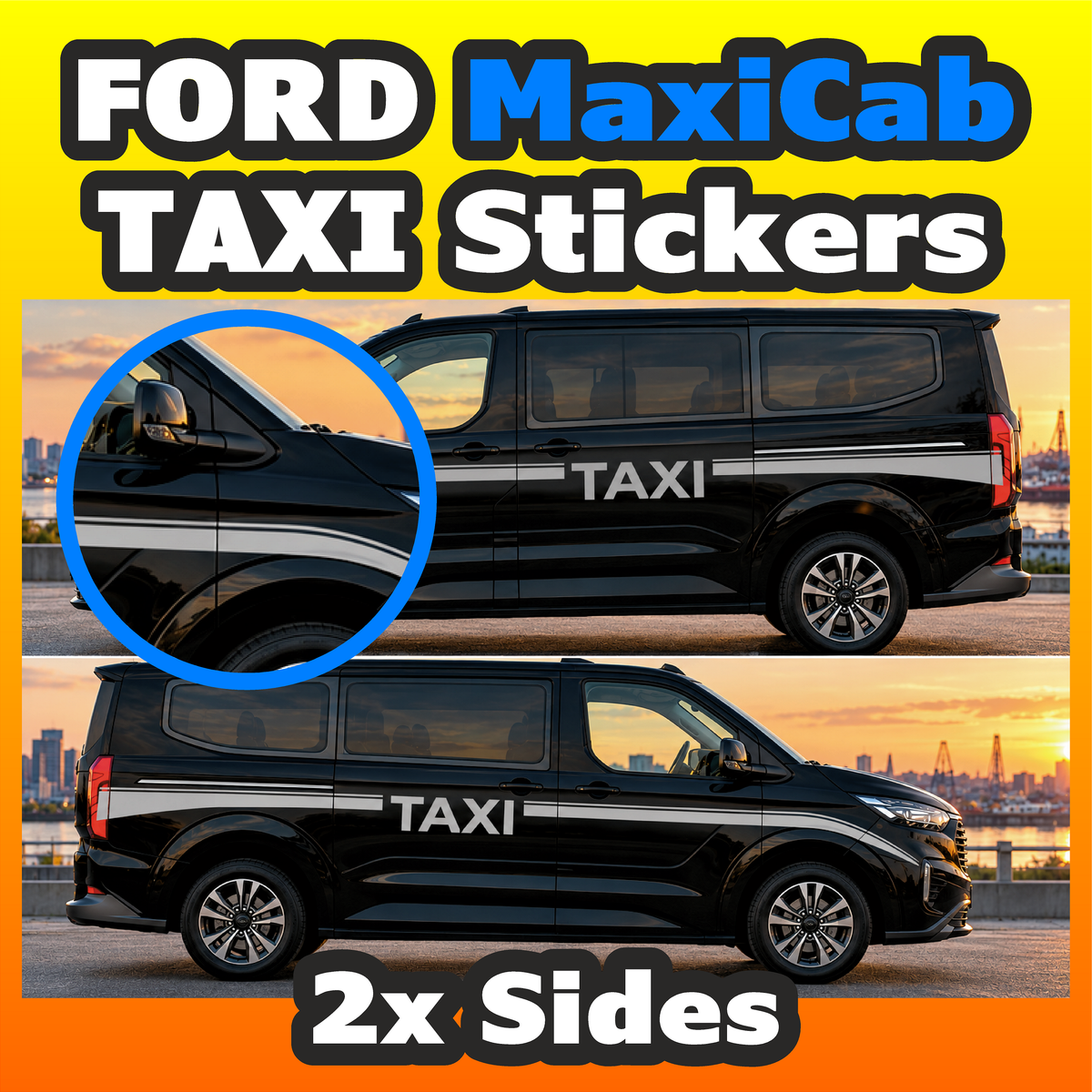 Ford MaxiCab taxi stickers pin stripe side graphics with TAXI lettering both sides