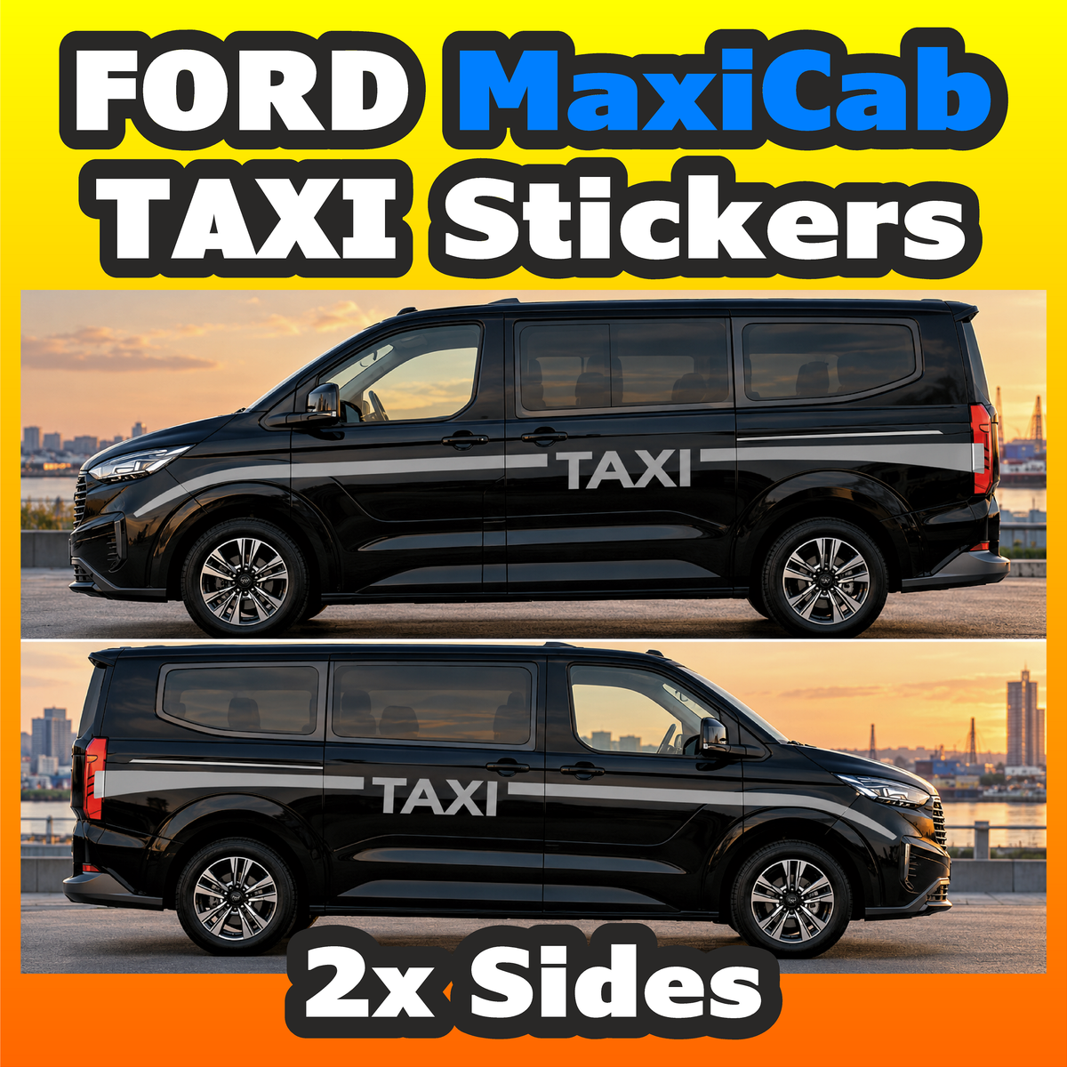 Ford MaxiCab taxi stickers solid stripe side graphics on both sides of a black van